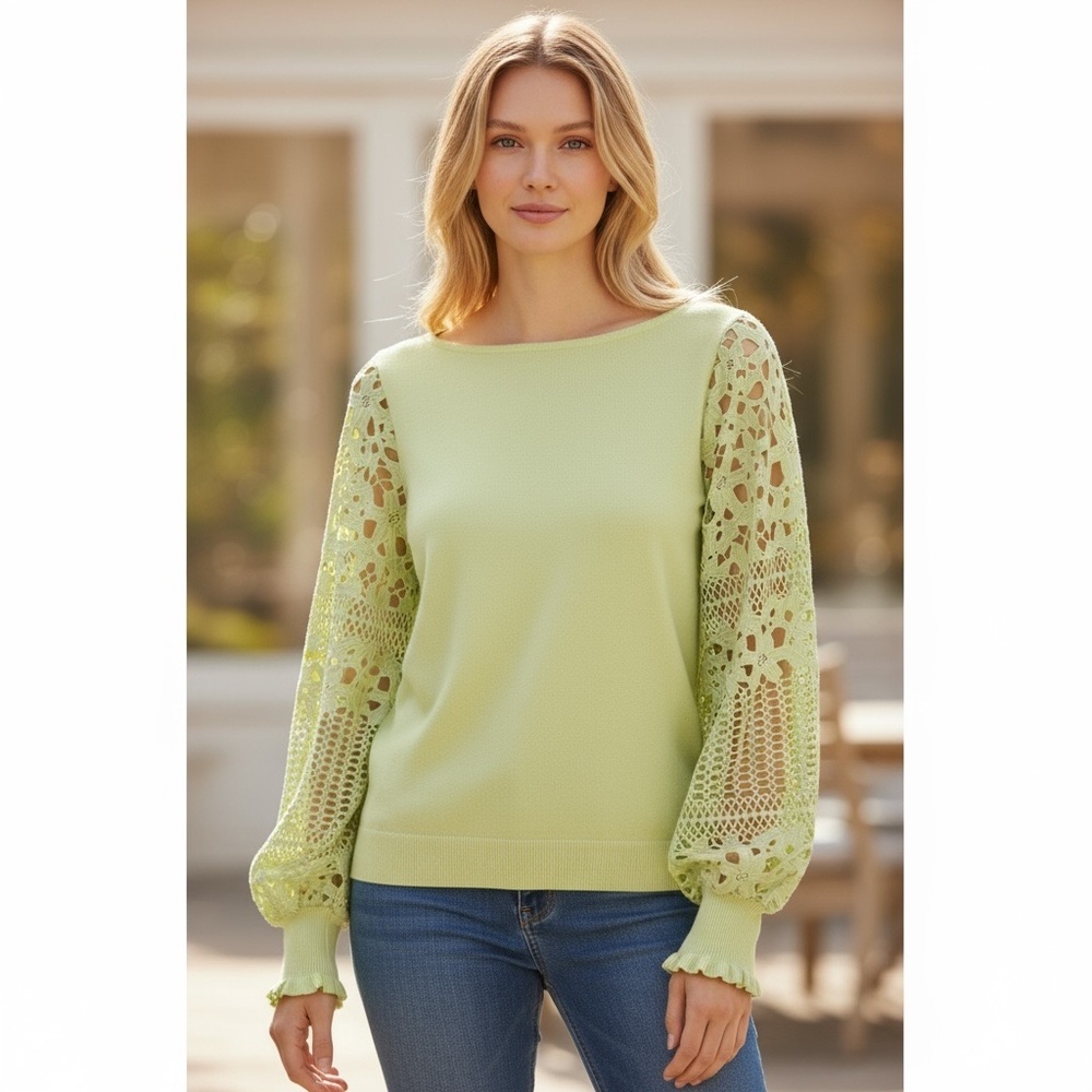 Soft Light‎ Green Knit Sweater with Lace Sleeves